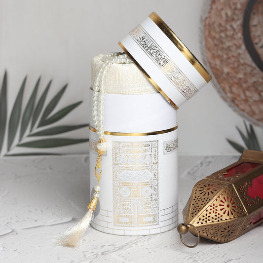 Elegant White Kaaba Design Cylinder Gift Box with Muslim Prayer Rug & Prayer Beads | Islamic Gifts Set | Prayer Carpet Mat, Taffeta Fabric, White