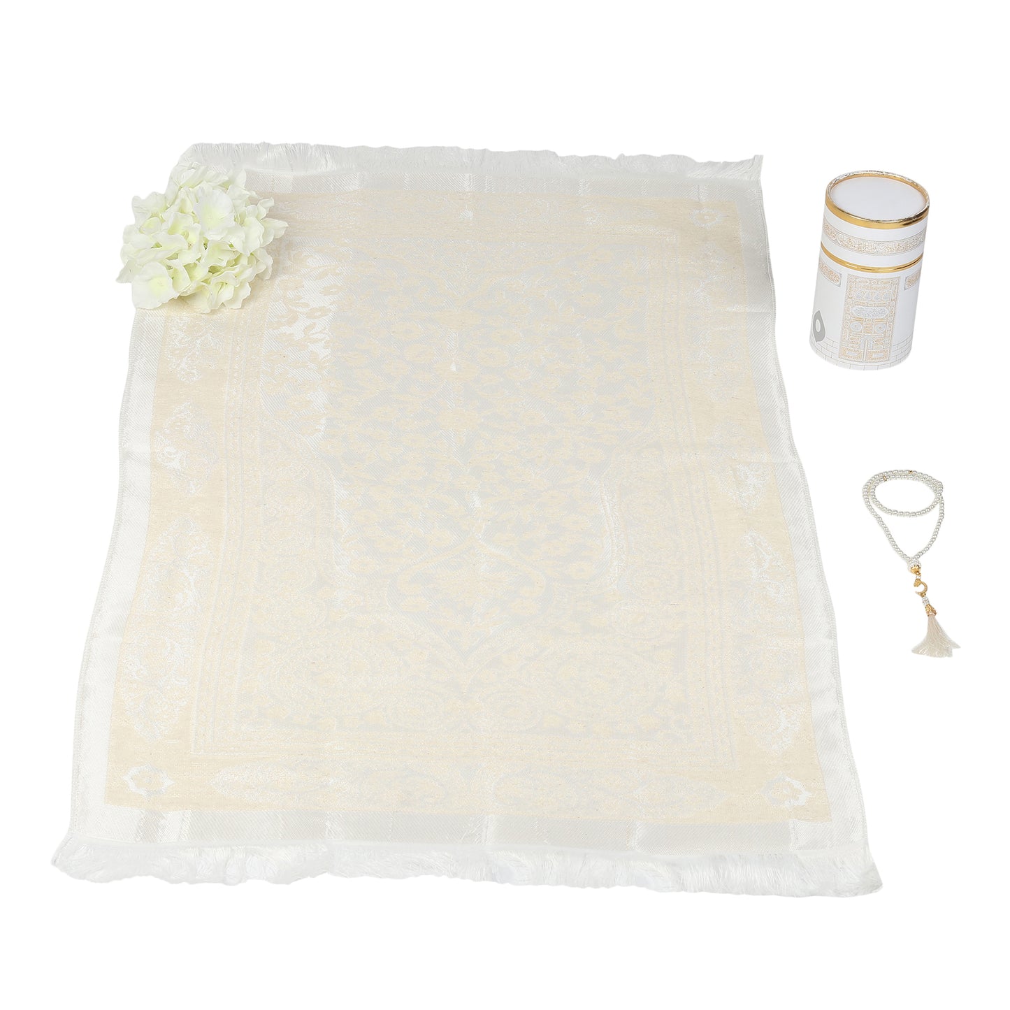 Elegant White Kaaba Design Cylinder Gift Box with Muslim Prayer Rug & Prayer Beads | Islamic Gifts Set | Prayer Carpet Mat, Taffeta Fabric, White
