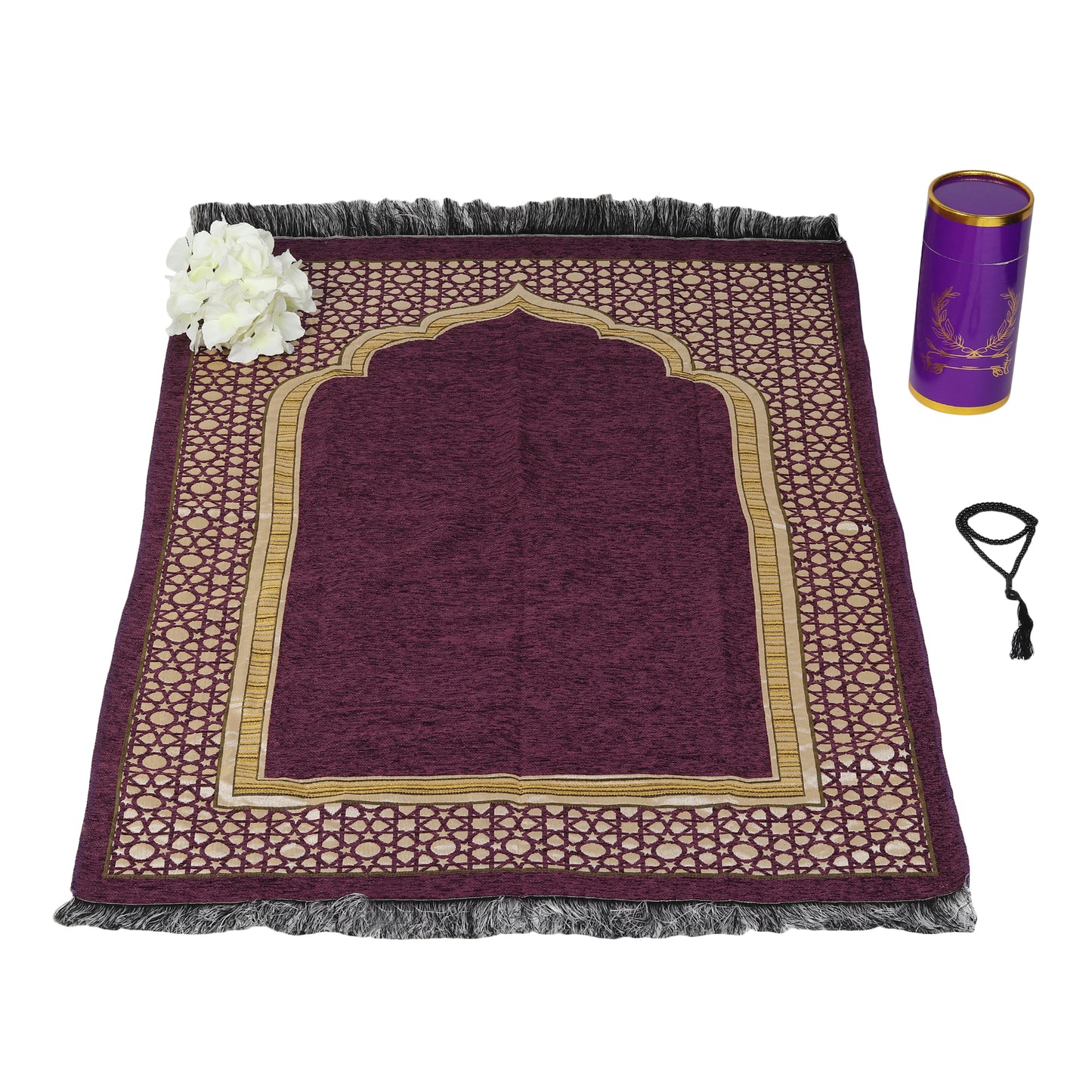 Intricate Design Cylinder Gift Box with Muslim Prayer Rug & Prayer Beads | Islamic Gifts Set | Prayer Carpet Mat, Purple