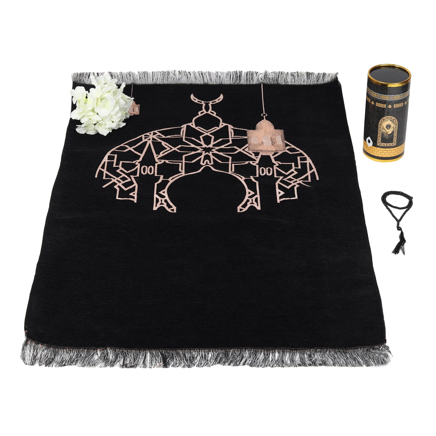 Intricate Kaaba Design Cylinder Gift Box with Muslim Prayer Rug & Prayer Beads | Islamic Gifts Set | Prayer Carpet Mat, Black