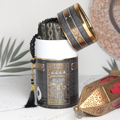 Elegant Kaaba Design Cylinder Gift Box with Muslim Prayer Rug & Prayer Beads | Islamic Gifts Set | Prayer Carpet Mat, Taffeta Fabric, Black
