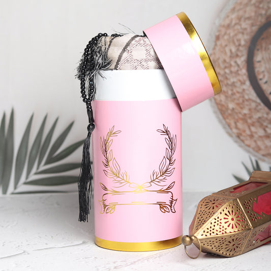 Intricate Design Cylinder Gift Box with Muslim Prayer Rug & Prayer Beads | Islamic Gifts Set | Prayer Carpet Mat, Pink