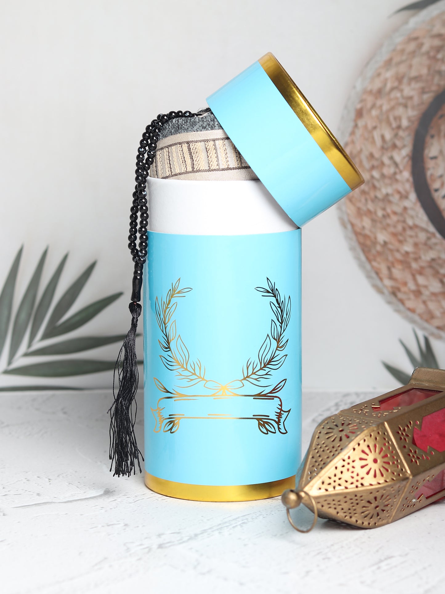 Intricate Design Cylinder Gift Box with Muslim Prayer Rug & Prayer Beads | Islamic Gifts Set | Prayer Carpet Mat, Sky Blue