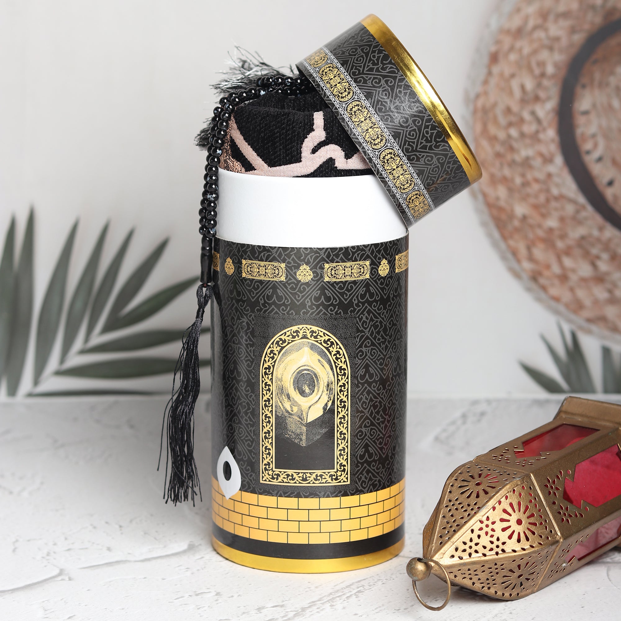 Intricate Kaaba Design Cylinder Gift Box with Muslim Prayer Rug & Pray ...