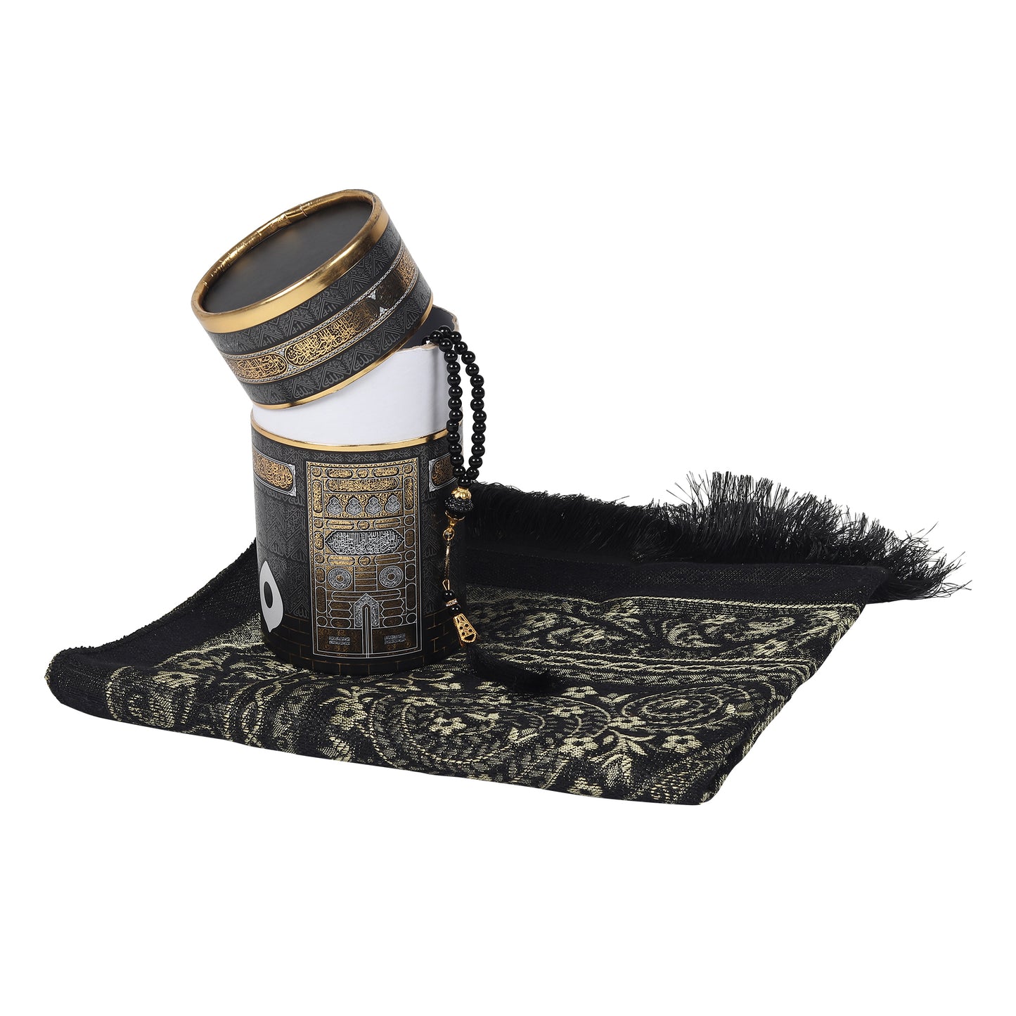 Elegant Kaaba Design Cylinder Gift Box with Muslim Prayer Rug & Prayer Beads | Islamic Gifts Set | Prayer Carpet Mat, Taffeta Fabric, Black