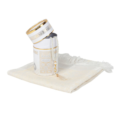 Elegant White Kaaba Design Cylinder Gift Box with Muslim Prayer Rug & Prayer Beads | Islamic Gifts Set | Prayer Carpet Mat, Taffeta Fabric, White