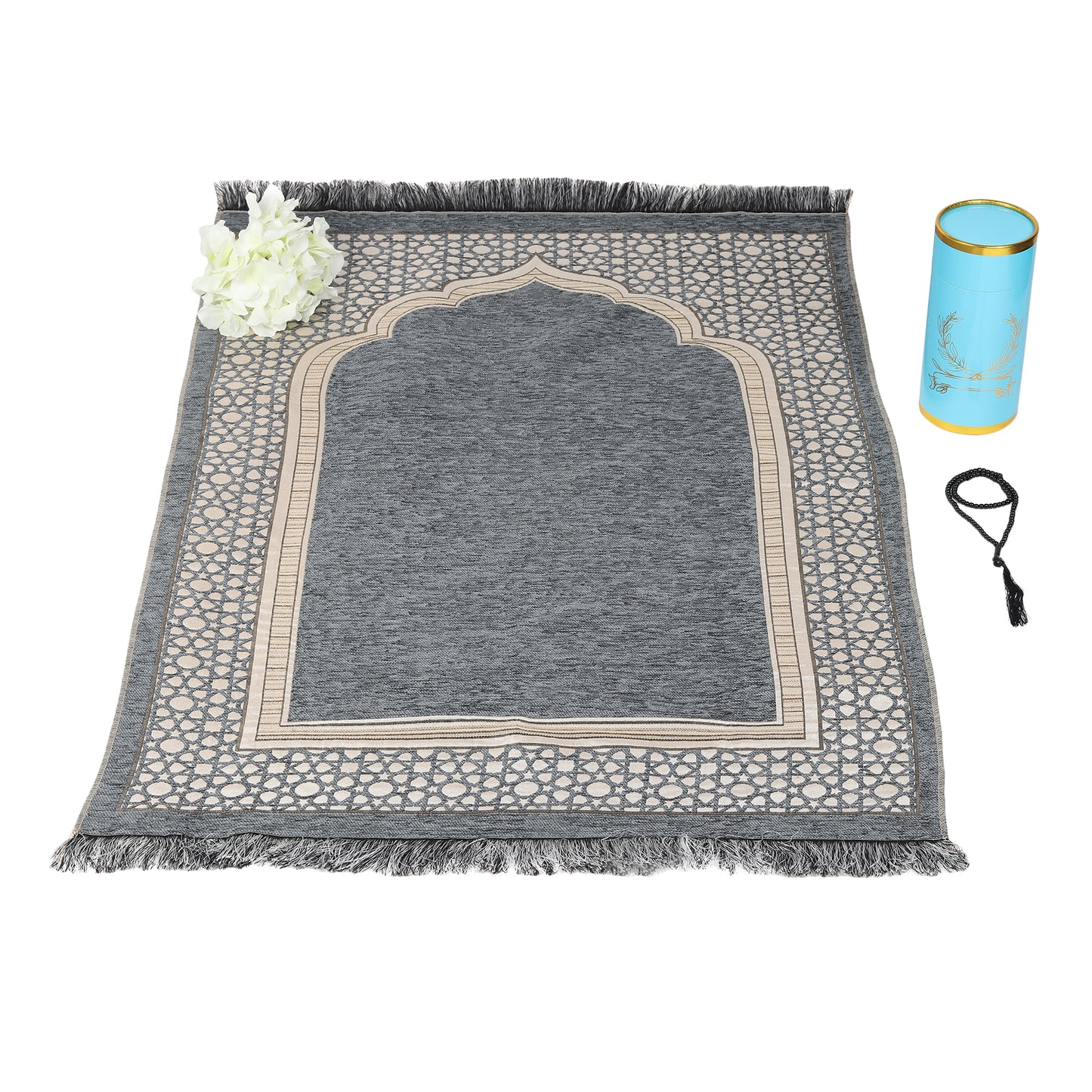 Intricate Design Cylinder Gift Box with Muslim Prayer Rug & Prayer Beads | Islamic Gifts Set | Prayer Carpet Mat, Sky Blue