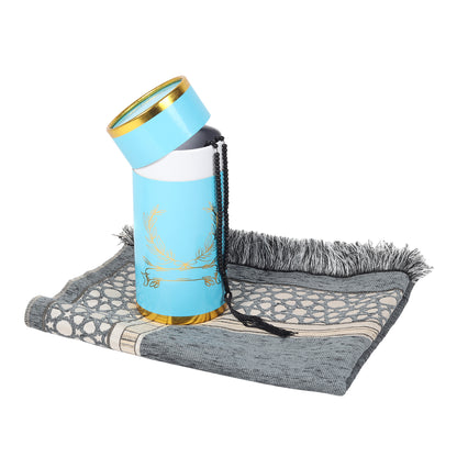 Intricate Design Cylinder Gift Box with Muslim Prayer Rug & Prayer Beads | Islamic Gifts Set | Prayer Carpet Mat, Sky Blue